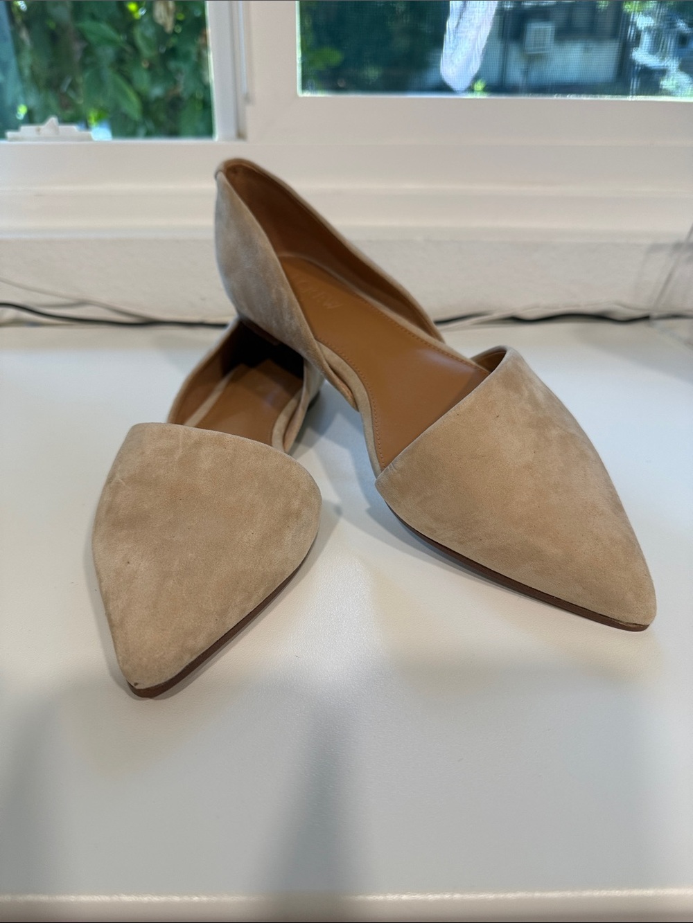J. Crew Pointed D'Orsay Flats in Taupe Suede
